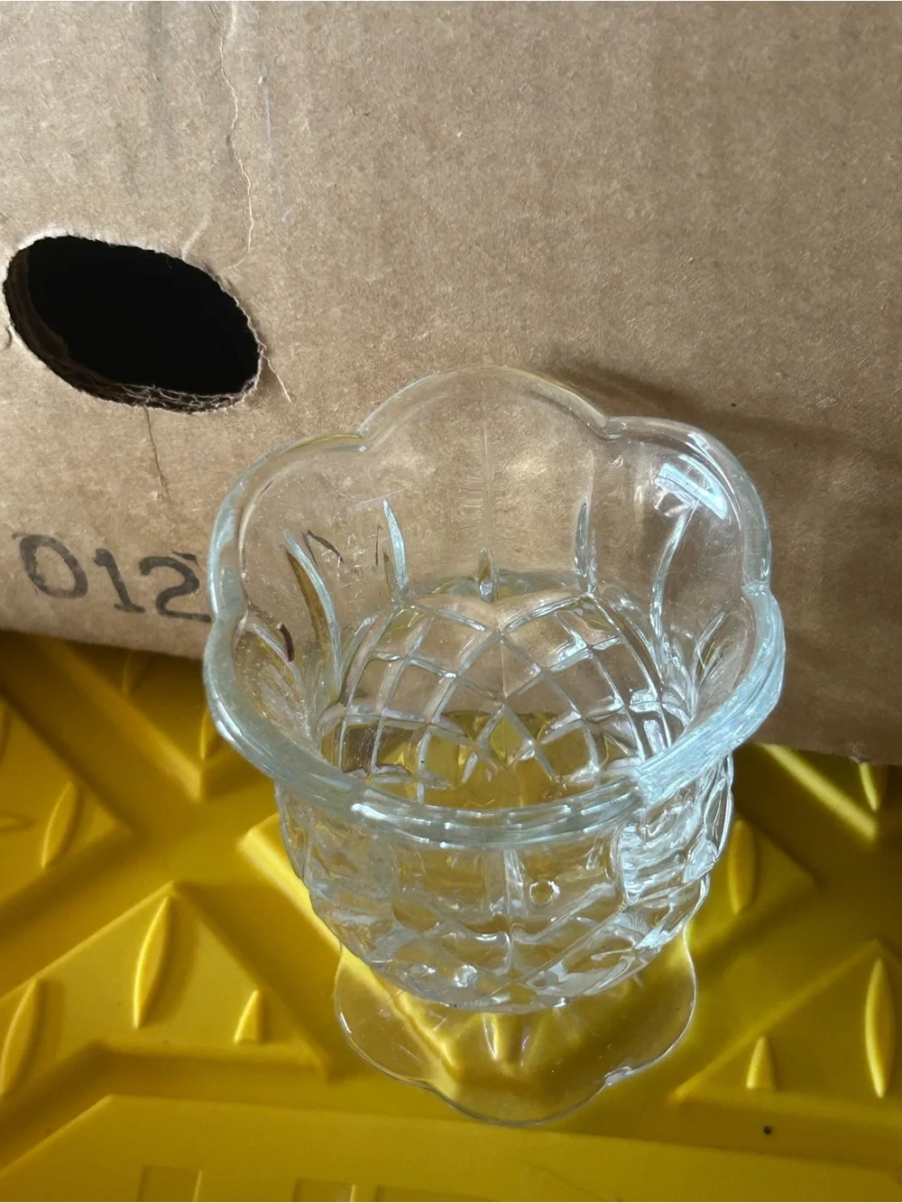 vintage Homco tulip-shaped glass votive holder featuring a diamond cut pattern.